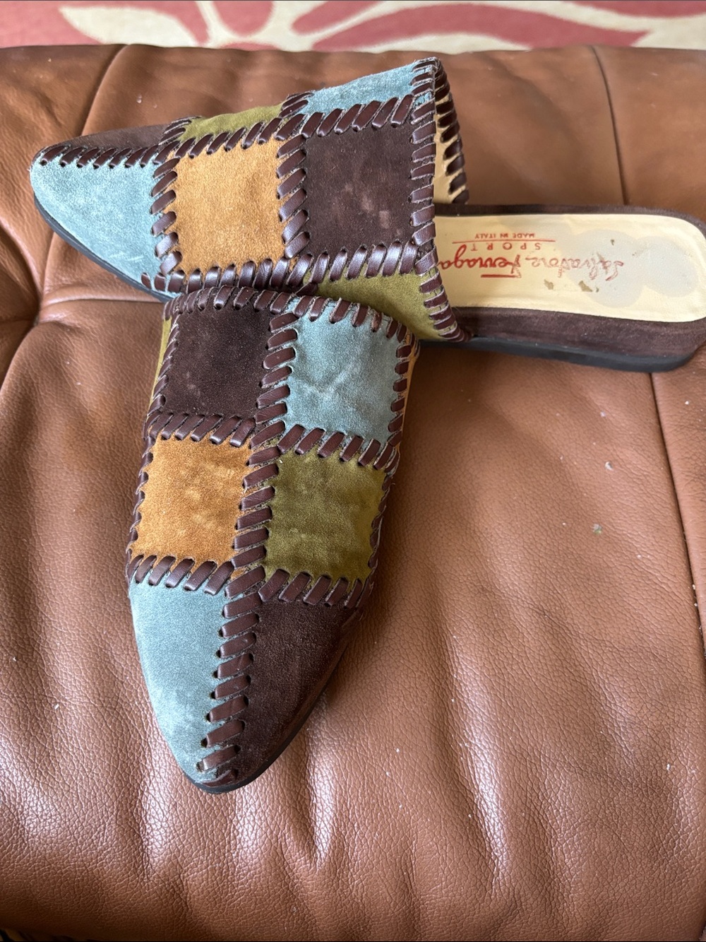 Vintage Women’s UNWORN Salvatore Ferragamo Patchwork Suede Slip-On mules.